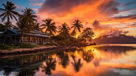 Tropical beach Resort with palm trees at sunsetの素材