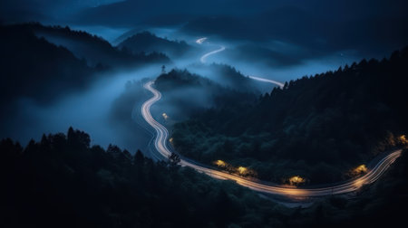 Mountain road in the fog. Car light trails in the mountainsの素材