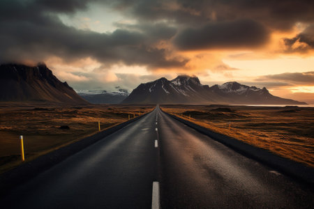 Road in Iceland with dramatic cloudy sky. Travel and nature concept.の素材