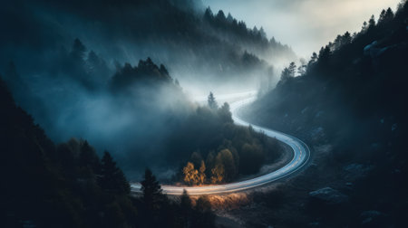 Mountain road in the fog. Car light trails in the mountainsの素材