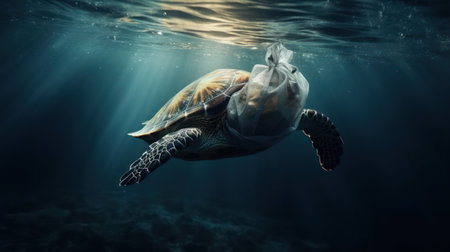 Green sea turtle swimming underwater in the ocean with Plastic Bag. Concept of environmental conservation.の素材