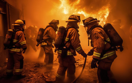 Firefighters fighting a fire in a burning building with smoke and flamesの素材