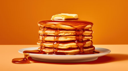 Pancakes with maple syrup on orange backgroundの素材