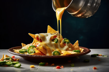 Nachos with melted cheese on a black backgroundの素材