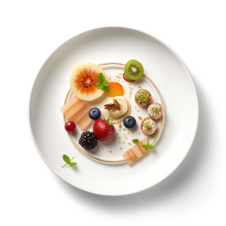 fine dinning food on white plate, top viewの素材