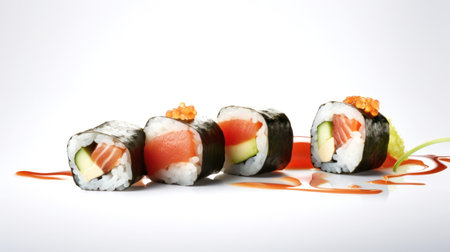 Sushi rolls with salmon and cucumber on a white background.の素材