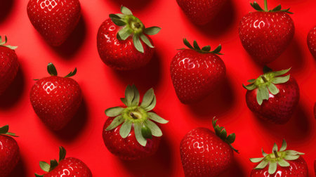 Strawberries on red background. Top view. Flat lay.の素材