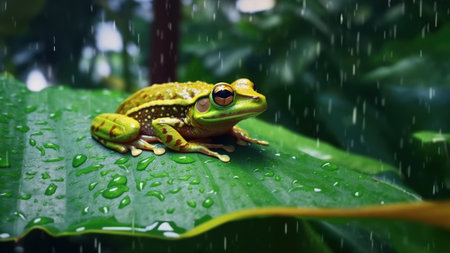 Green tree frog on a green leaf in the rain with raindropsの素材