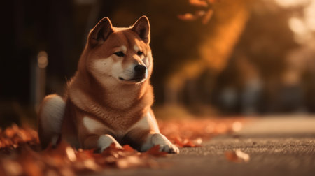 Shiba inu dog sitting on the road in the autumn parkの素材
