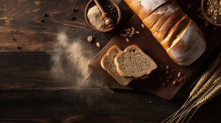 Bread ingredients on dark wooden background. Top view with copy spaceの素材