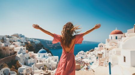 Beautiful young woman on Santorini island, Greece. Girl with raised hands enjoying summer vacation in Greece.の素材