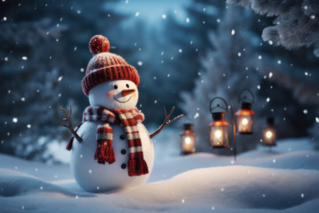 Snowman in the winter forest with lanterns. Christmas background.の素材