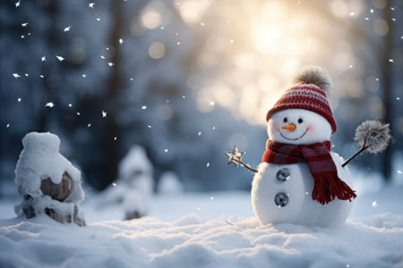 Snowman in the winter forest with lanterns. Christmas background.の素材