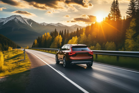 SUV Car on the road in the mountains at sunset.の素材