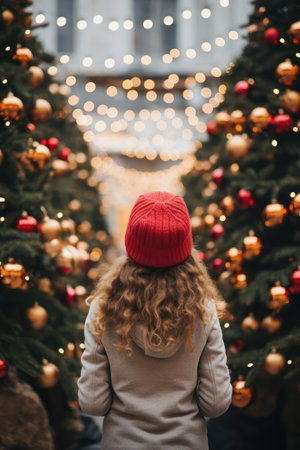 A young girl in a red hat stands against the background of a Christmas tree.の素材