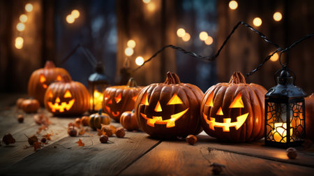 Halloween pumpkins on wooden background. Jack o lanterns.の素材