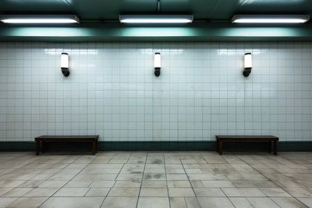 Interior of a subway station with bench and light spotlights.の素材