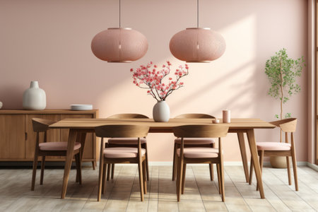 Interior of modern dining room with beige walls, wooden floor, round wooden table with chairs and vase with flowers.の素材