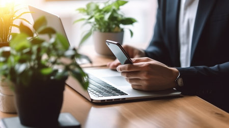Cropped image of businessman using mobile phone while working in office.の素材