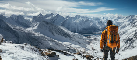 Hiker with backpack standing on the top of the mountain and enjoying the viewの素材