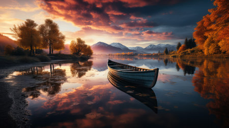 Fishing boat on the shore of beautiful lakeの素材