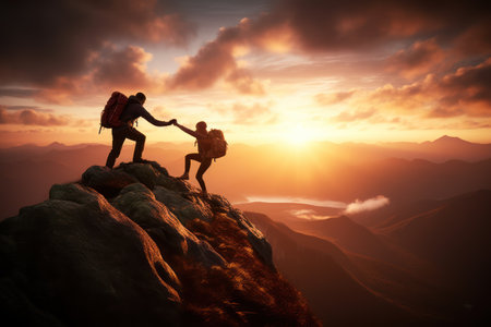 Couple of hikers with backpacks standing on top of a mountain and looking at the sunsetの素材