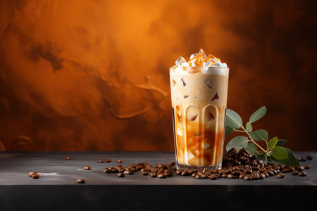 Iced coffee with whipped cream and coffee beans on orange background.の素材