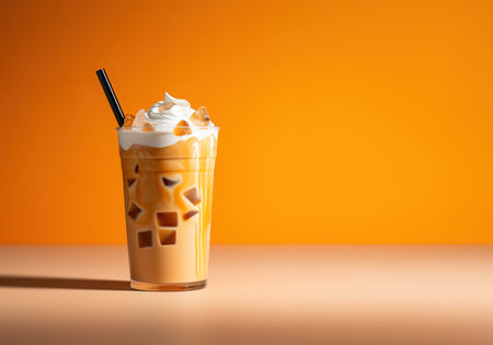 Iced coffee with whipped cream and coffee beans on orange background.の素材
