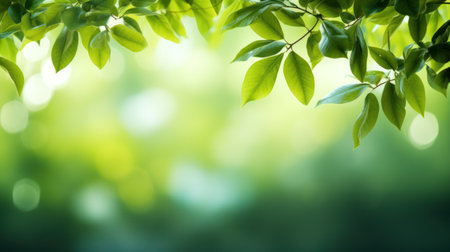 Fresh green leaves on blurred greenery background with bokeh effectの素材