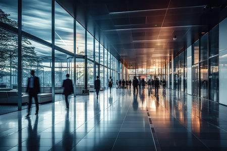 Blurry Business people walking in the corridor of a modern office buildingの素材