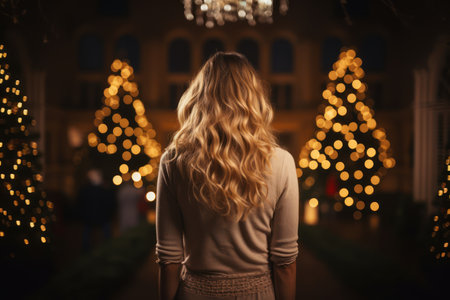 Portrait of a beautiful young woman in a beige dress on the background of the Christmas tree.の素材