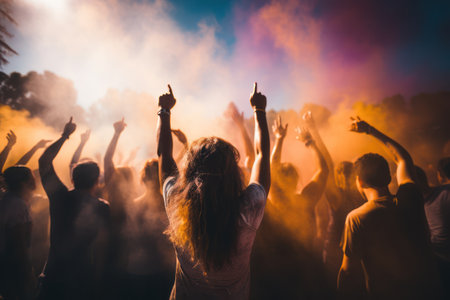 Crowd cheering at a music festival - Young people having fun at a music festivalの素材