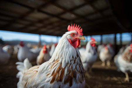 White rooster on a farm. Selective focus. Shallow depth of fieldの素材