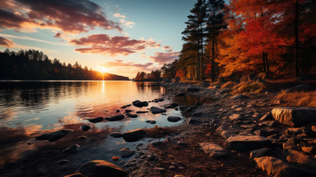 Sunset over Beautiful autumn Lake landscape.の素材