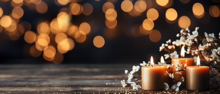 Burning candles and spring flowers on wooden table against blurred lights backgroundの素材
