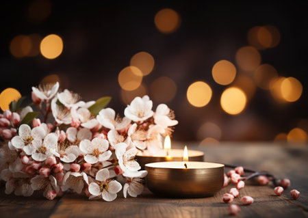 Burning candles and spring flowers on wooden table against blurred lights backgroundの素材