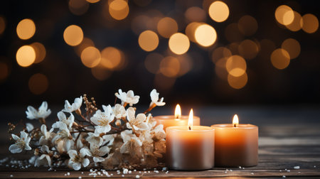 Burning candles and spring flowers on wooden table against blurred lights backgroundの素材