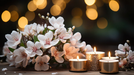 Burning candles and spring flowers on wooden table against blurred lights backgroundの素材
