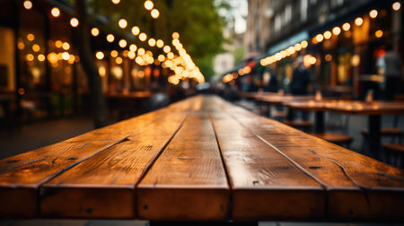 Empty wooden table in front of abstract blurred background of street cafe.の素材