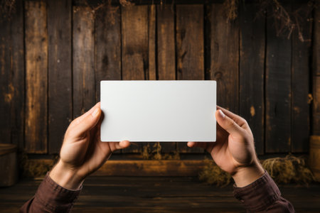 Female hands holding blank business card on wooden background, top view. Mockup for designの素材