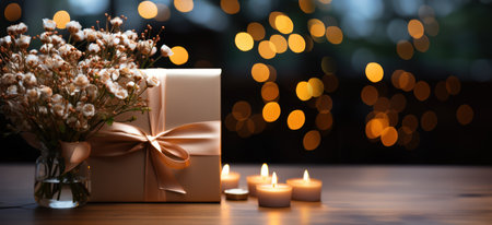 Beautiful gift boxes with golden ribbon on wooden table, closeupの素材