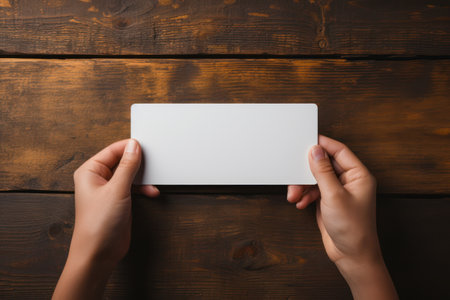 Female hands holding blank business card on wooden background, top view. Mockup for designの素材