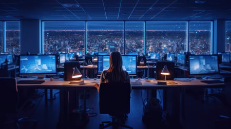 Rear view of a young businesswoman sitting alone at her desk in an office looking at a night cityの素材