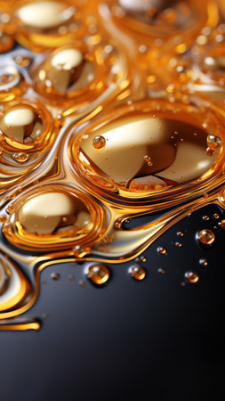 close-up of oil drops on a black background.の素材