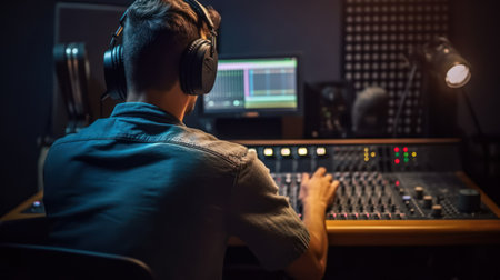 Rear view of a young caucasian man in headphones and headphones playing a video game on a professional mixer.の素材