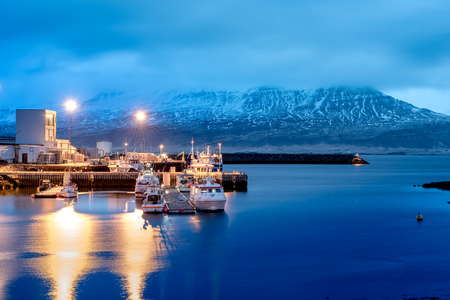 Sunset at seaport in DjÃºpivogur, Icelandのeditorial素材