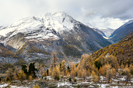 Zermatt Switzerland during Autumn season with snow  on top of mountainの写真素材