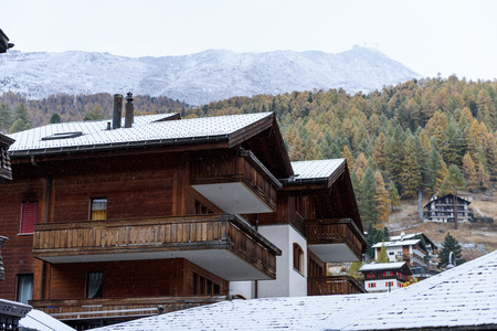 Zermatt Switzerland during Autumn season with snow  on top of mountainの写真素材