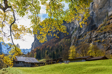 Beautiful autumn time at village of Lauterbrunnen in Swiss alps, gateway to famous Jungfrau. Set in a valley featuring rocky cliffs and the roaring, 300m-­high Staubbach Fallsのeditorial素材
