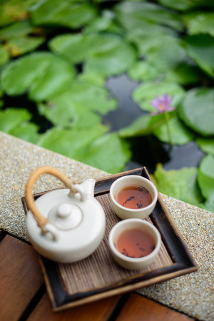 Concept picture for Chinese new year, Chinese tea set and lotusの写真素材